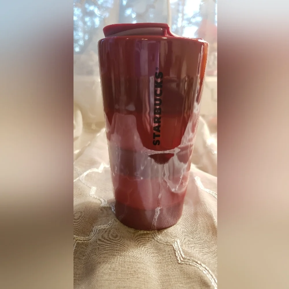 Starbucks 2021 Holiday Burgundy and Red Striped Ceramic Tumbler W/ Plastic Lid